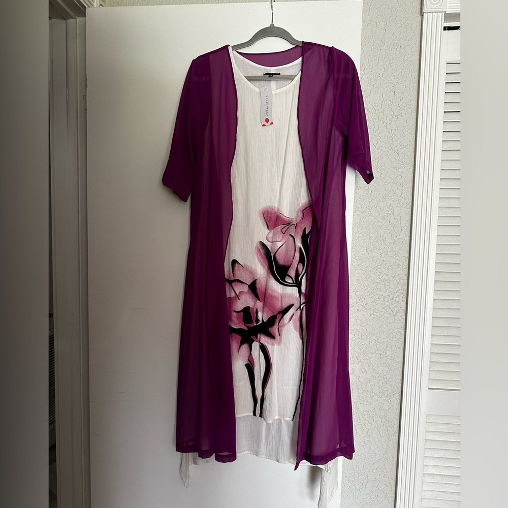 Flory Day Woman’s 2 piece Floral Purple Dress & Purple Sheer Cardigan Size Med
